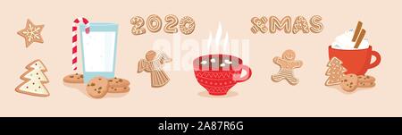 Satz Winter Getränke, Phrasen und Lebkuchen Cookies. Winter für Weihnachten oder Neujahr Designs. Stock Vektor