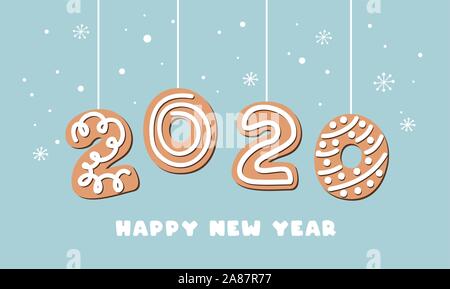 Cartoon Lebkuchen neues Jahr banner Grußkarte mit Nummer 2020 von Cookies. Vector Illustration. Stock Vektor