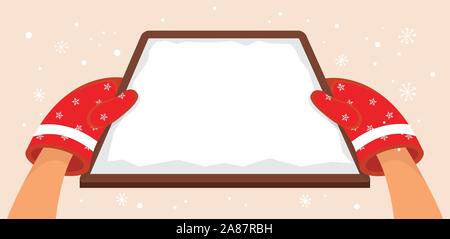 Hände mit Winter roten Handschuhe holding Weihnachtsbäckerei fach Karte oder Einladung mit Platz für Ihren Text. Stock Vektor