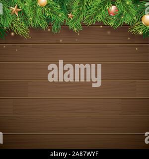 Weihnachten Hintergrund mit Fir-Zweig auf braunem Holz- und Platz für Text. Vector Illustration Frohes neues Jahr. Verwenden Sie für Banner, Poster. Stock Vektor
