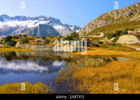 Dammastock und Dammagletscher in Sumpf See, Goscheneralp, Kanton Uri, Schweiz Stockfoto