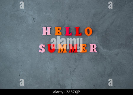 Die bunte Hallo Sommer Wort ist aus Holz Buchstaben auf einem grau verputzte Wand Hintergrund gemacht Stockfoto