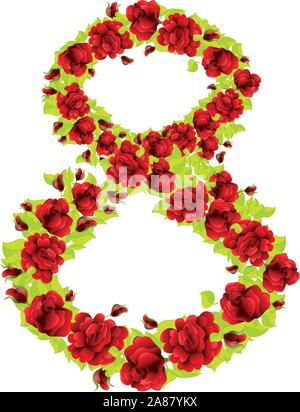Nummer 8 aus roten Rosen und grünen Blättern auf weißem Hintergrund. Stock Vektor