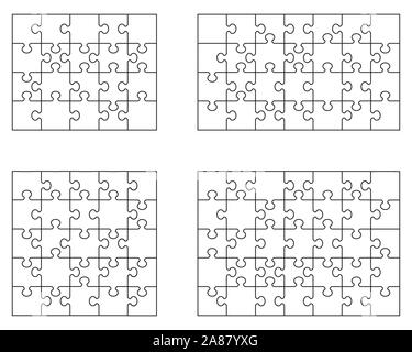 Abbildung von vier verschiedenen weißen Puzzles, separate Teile Stockfoto