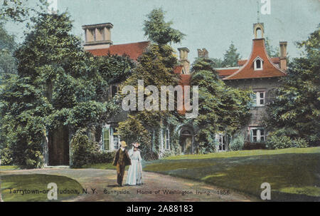 Vintage post Card der Startseite von Washington Irving in Tarrytown-on-Hudson, New York, USA Stockfoto