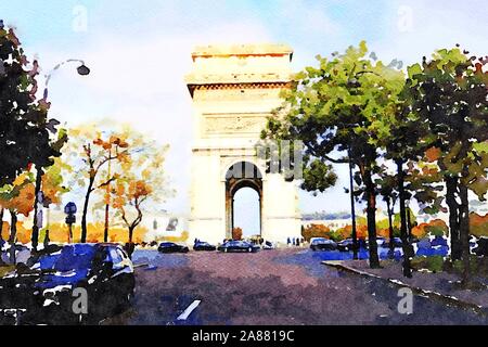 Aquarell von der Arc de Triomphe in Paris. Stockfoto