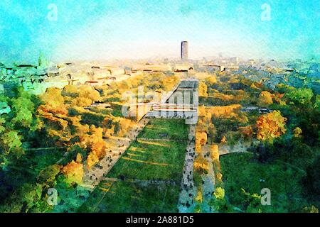 Aquarell auf das Panorama von einem Teil der Stadt Paris vom Eiffelturm gesehen Stockfoto