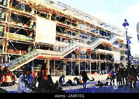 Aquarell einer Fassade des Centre Pompidou in Paris. Stockfoto