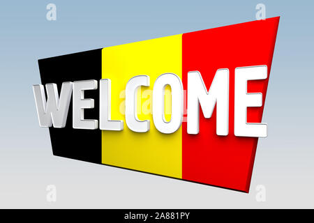 Willkommen Zeichen ist Farbe der Flagge Belgien gemalt. 3D-Rendering Stockfoto