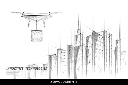 Drohne Versandkarton low Poly Banner Vorlage. Regelung der unbemannten Luftfahrzeuge Himmel Lieferung. Polygonale Vektordarstellung für Privatzonen Stock Vektor