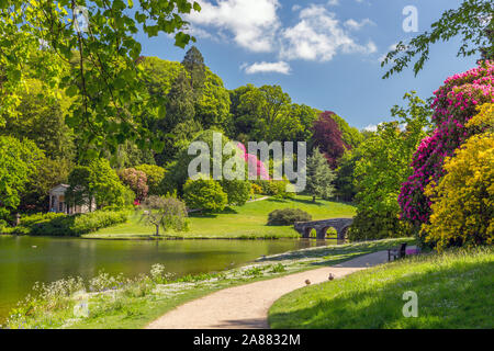 Die Palladianische Brücke und farbenfrohe Rhododendron blüht im Frühjahr an Stourhead Gardens, Wiltshire, England, Großbritannien Stockfoto