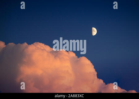 Pastelltöne Himmel in der Blauen Stunde, mit rosa flauschige Wolken und Halbmond. Stockfoto