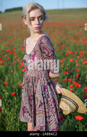 Porträt einer wunderschönen modischen Frau in einem Bereich der rote Mohn Stockfoto