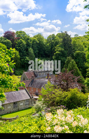 Die Pfarrkirche und der Spread Eagle Inn sind durch Neue federblatt Wachstum von Stourhead Gardens, Wiltshire, England umgeben, Großbritannien Stockfoto