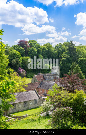 Die Pfarrkirche und der Spread Eagle Inn sind durch Neue federblatt Wachstum von Stourhead Gardens, Wiltshire, England umgeben, Großbritannien Stockfoto