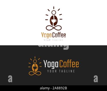 Meditation süß glücklich lächelnd Kaffeetasse. Vektor flach Cartoon Figur Illustration Symbol Design. Isoliert auf weißem Hintergrund. Kaffee, Meditation, Zen Stockfoto