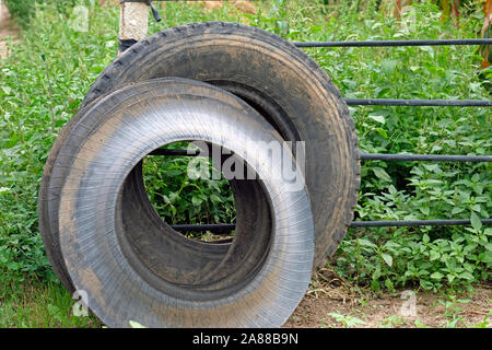 Alte gebrauchte Auto Reifen stehen am Zaun von einem Ferienhaus. Umweltverschmutzung. Die Verwendung von Altreifen im Land. Stockfoto
