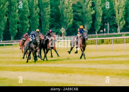 Pferderennen reiten Sport jockeys Wettbewerb Pferde laufen Aquarell Malerei illustration Stockfoto