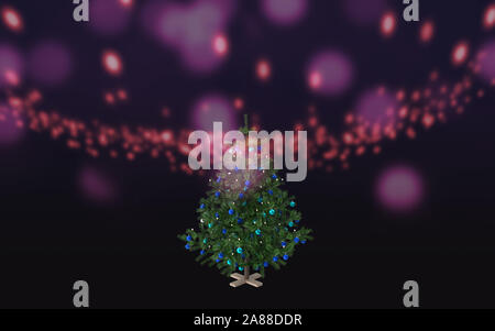 Bunte Weihnachten Hintergrund mit Weihnachtsbaum gegen Lila und Rot. 3D-Rendering. Stockfoto