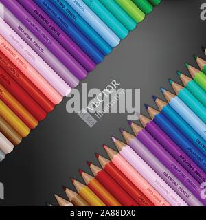 Reihen von Regenbogen Buntstifte auf dunkelgrauem Hintergrund. Stock Vektor