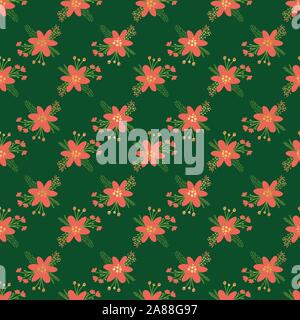 Red christmas Blumen nahtlose Vektor Muster. Flache skandinavischen Stil Blüten und Blätter mit metallischem gold Folie Elemente auf grünem Hintergrund Stock Vektor