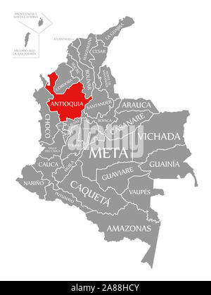 Antioquia in Rot hervorgehoben Karte von Kolumbien Stockfoto