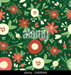 Weihnachten Blumen rot weiß nahtlose Vektor Muster. Flache skandinavischen Stil abstrakte Blüten und Blätter Hintergrund. Hand Urlaub Design für gezeichnet Stock Vektor