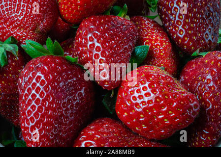 Frische organische Erdbeere Obst Hintergrund. Ansicht von oben closeup - Bild Stockfoto