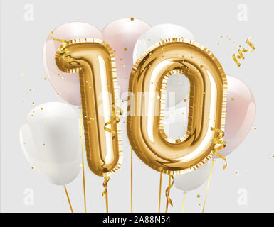 Glücklich 10. Geburtstag gold Folie Ballon gruss Hintergrund. 10 Jahre Jubiläum logo Vorlage - 10. feiern mit Konfetti. Foto lieferbar. Stockfoto