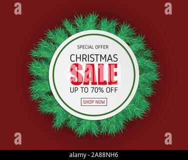 Weihnachten Verkauf Banner mit Tanne auf rotem Hintergrund in Papier schneiden Stil. Stock Vektor