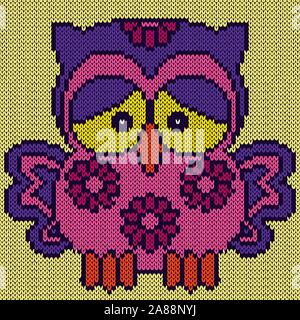 Stricken von Cartoon lustige Eule mit Flügel angehoben und großen traurigen Augen in violett und rosa Farbtönen auf dem hellgelben Hintergrund, Illustration für textile Produ Stock Vektor