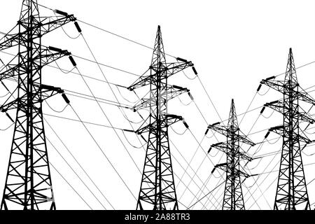 Fernleitungen mit Drähten und Türme. Schwarze und weiße Linie kunst Zeichnung Abbildung. Konzept der Stromversorgung, alternative ene Stockfoto