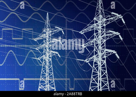 Electric power transmission line Türmen auf aktuelle Sinus-Hintergrund. Blueprint line Art Zeichnung Abbildung. Konzept der Stromversorgung s Stockfoto