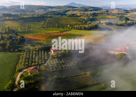 Luftaufnahme von einer ländlichen Landschaft bei Sonnenaufgang in der Toskana. Ländlichen Bauernhof, Weinberge, grüne Felder, Sonne und Nebel. Italien, Europa. Stockfoto