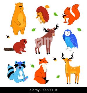 Cute Wald Tiere - flaches Design style Set von zeichentrickfiguren Stock Vektor