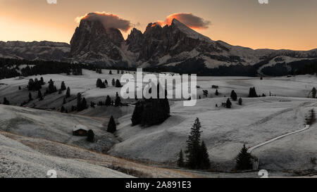 Schönen Morgen Licht über dem Langkofel Berggipfel, Seiser Alm, Italien, Europa Stockfoto