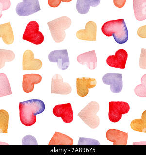 Nahtlose Muster wiederholen mit Wasserfarben Herz auf weißem Hintergrund Stockfoto
