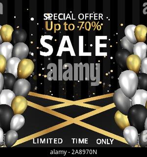 Vector Förderung Verkauf Flyer, kreative golden Schwarz und Silber Dekoration, Glitter glänzend realistische Ballons Gutschein, Rabatt metallic Luxus Poster. Stock Vektor