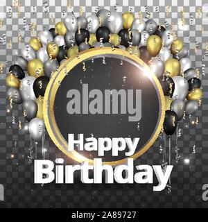 Golden Schwarz und Silber Elegante happy birthday Karte mit realistischen Luftballons, Luxus Hintergrund für Web und Print Dekoration Stock Vektor
