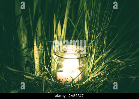 Kerze im Glas Glas im Gras. Nacht das Leben der Pflanzen im Garten Stockfoto