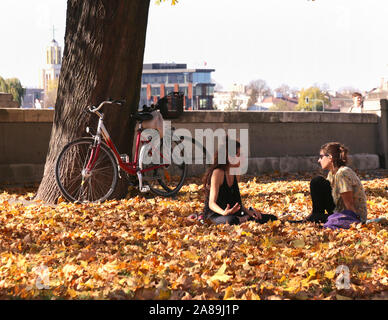 Krakau. Krakau. Polen. Zwei junge Frauen sprechen, sitzen auf dem Rasen durch die Blätter im Herbst fallen. Stockfoto