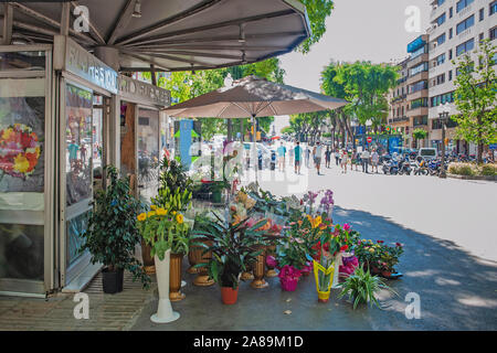 Tarragona, Spain-August 9, 2013: Flower Shop an der Rambla Nova, Katalonien. Sehenswürdigkeiten von Katalonien für Touristen. Stockfoto