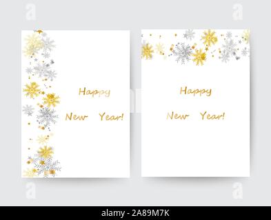 Französische text Joyeux Noel. Frohe Weihnachten und guten Rutsch ins neue Jahr. Weihnachten Hintergrund mit glänzenden Gold und Silber Schneeflocken. Grußkarte, holiday Banner Stock Vektor