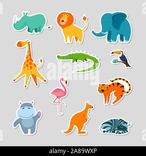 Eingestellt von Aufklebern mit cute Cartoon exotische Tiere. Kinder patches Collection. Flache Vektor illustartion. Stock Vektor