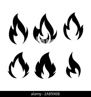 Black Fire Icons Set Vektor Bild. Fire Flame Symbol, schwarz Symbol auf weißem Hintergrund Stock Vektor