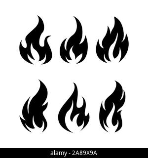 Black Fire Icons Set Vektor Bild. Fire Flame Symbol, schwarz Symbol auf weißem Hintergrund Stock Vektor