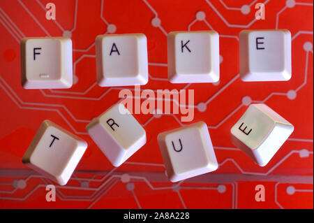 Die Tasten der Tastatur Form das Wort FAKE TRUE im roten Stromkreis im Hintergrund. Stockfoto