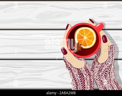 Weiß Holz- Hintergrund mit Frauen Hände tragen Handschuhe aus Gewirken halten roten Tasse Glühwein, Hand gezeichnet Vektor flach Stock Vektor