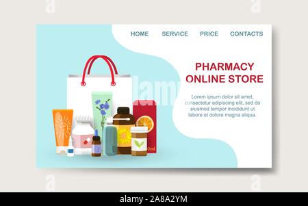 Apotheke Online shopping Startseite mockup. Vector Illustration Stock Vektor