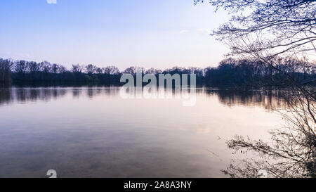 Landschaft mit See umgeben von Bäumen bei Sonnenuntergang Stockfoto